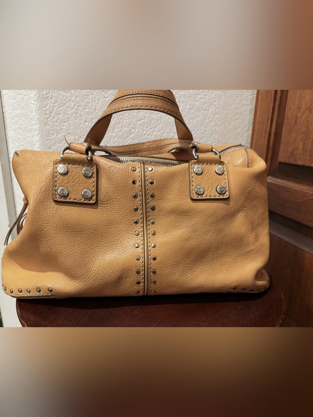 Vintage Michael Kors Astor Studded Leather Satchel Bag – Caramel / Tan